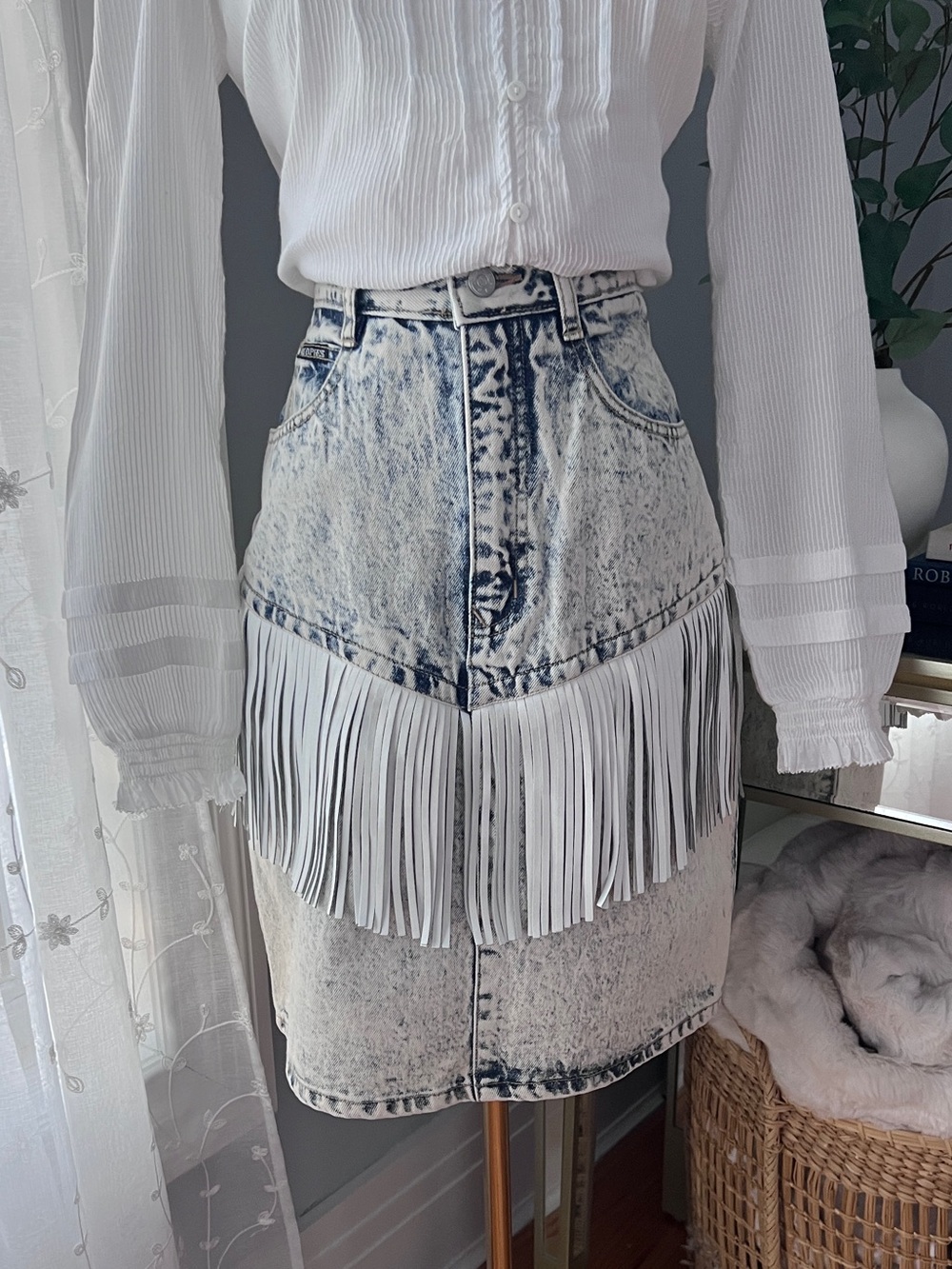 Acid Wash Leather Fringe Denim Pencil Skirt